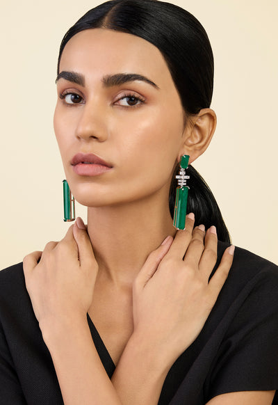 Isharya Doublet Dark Emerald Dangler Earrings In Rhodium Plating indian designer wear online shopping melange singapore