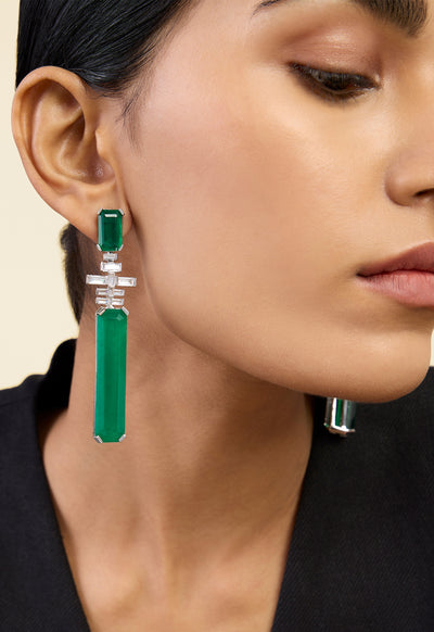 Isharya Doublet Dark Emerald Dangler Earrings In Rhodium Plating indian designer wear online shopping melange singapore