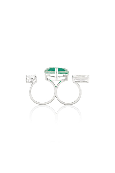 Isharya Dual Heart Emerald Ring In Rhodium Plating indian designer wear online shopping melange singapore 
