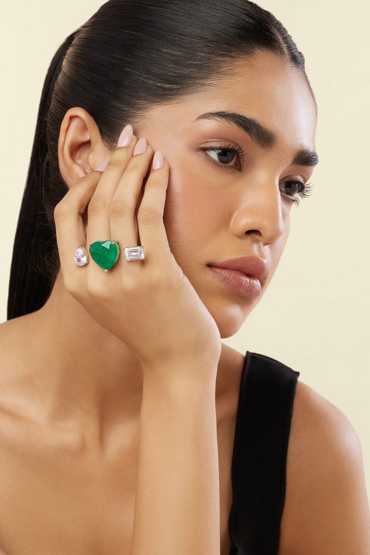 Isharya Dual Heart Emerald Ring In Rhodium Plating indian designer wear online shopping melange singapore 