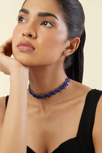 Isharya Elysian Sapphire Choker Necklace In Rhodium Plating indian designer wear online shopping melange singapore 