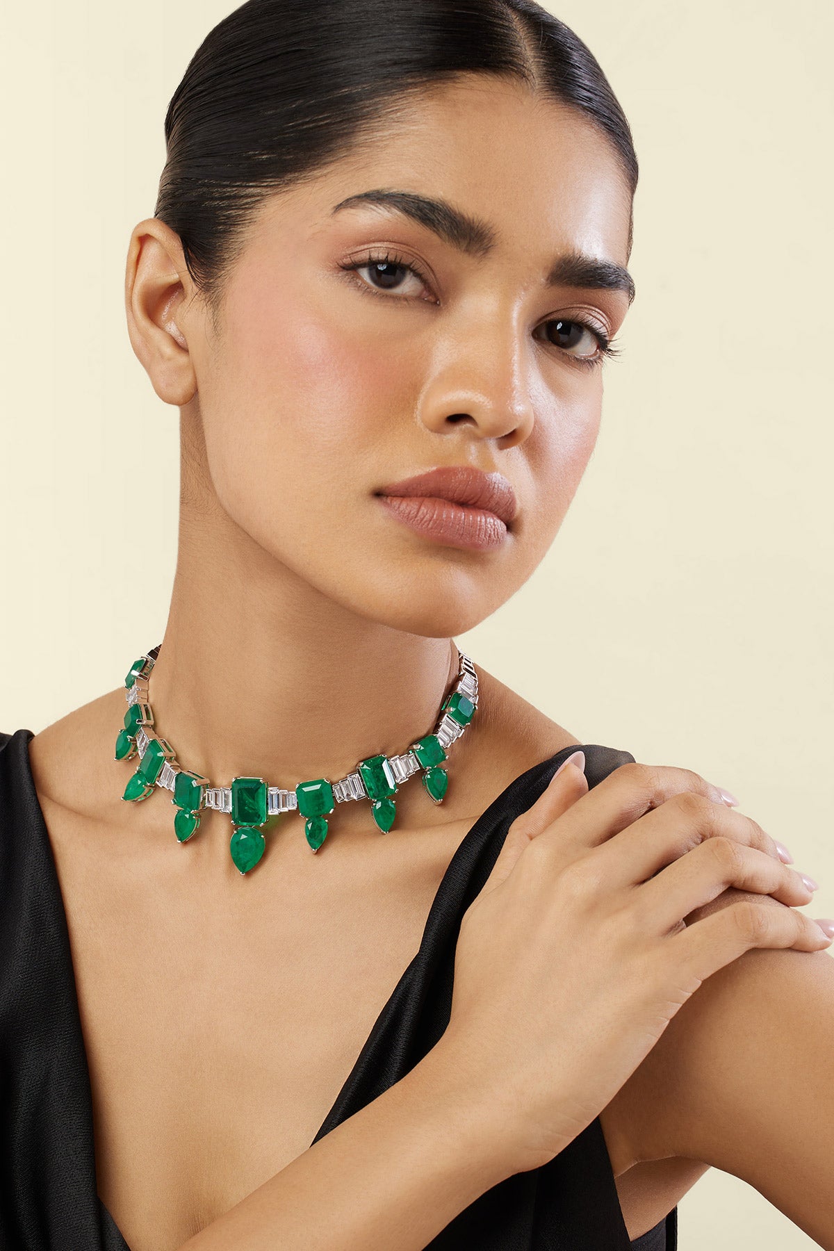 Isharya Emerald Celestial Luxe Choker Necklace In Rhodium Plating indian designer wear online shopping melange singapore 