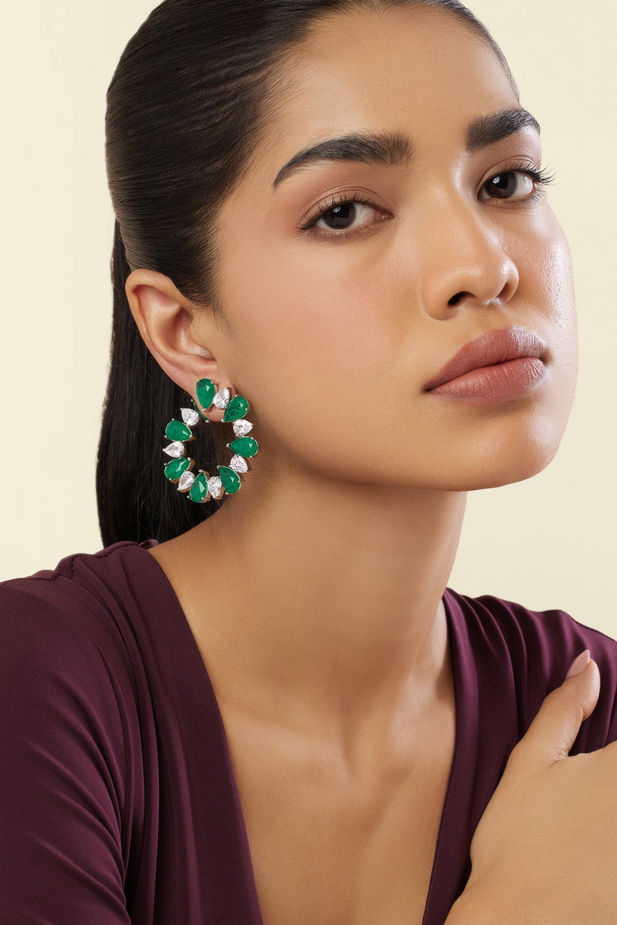 Isharya Emerald Glow Circle Studs In Rhodium Plating indian designer wear online shopping melange singapore 