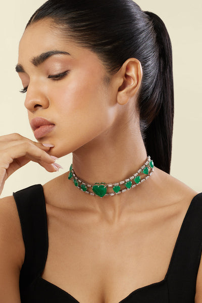 Isharya Emerald Heart Choker Necklace In Rhodium Plating indian designer wear online shopping melange singapore 
