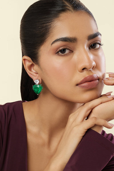 Isharya Emerald Heart Elegance Earrings In Rhodium Plating indian designer wear online shopping melange singapore 