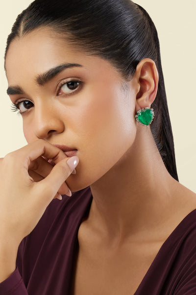 Isharya Emerald Radiance Heart Studs In Rhodium Plating indian designer wear online shopping melange singapore 
