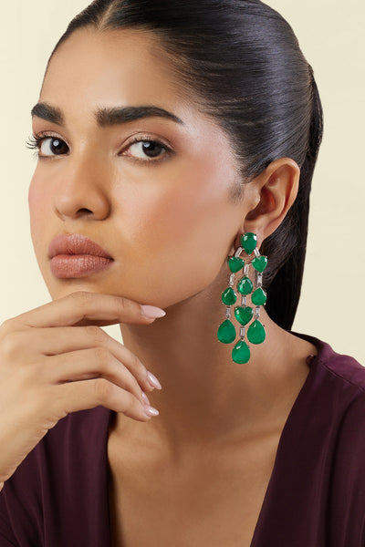 Isharya Emerald Waterfall Luxe Earrings In Rhodium Plating indian designer wear online shopping melange singapore 