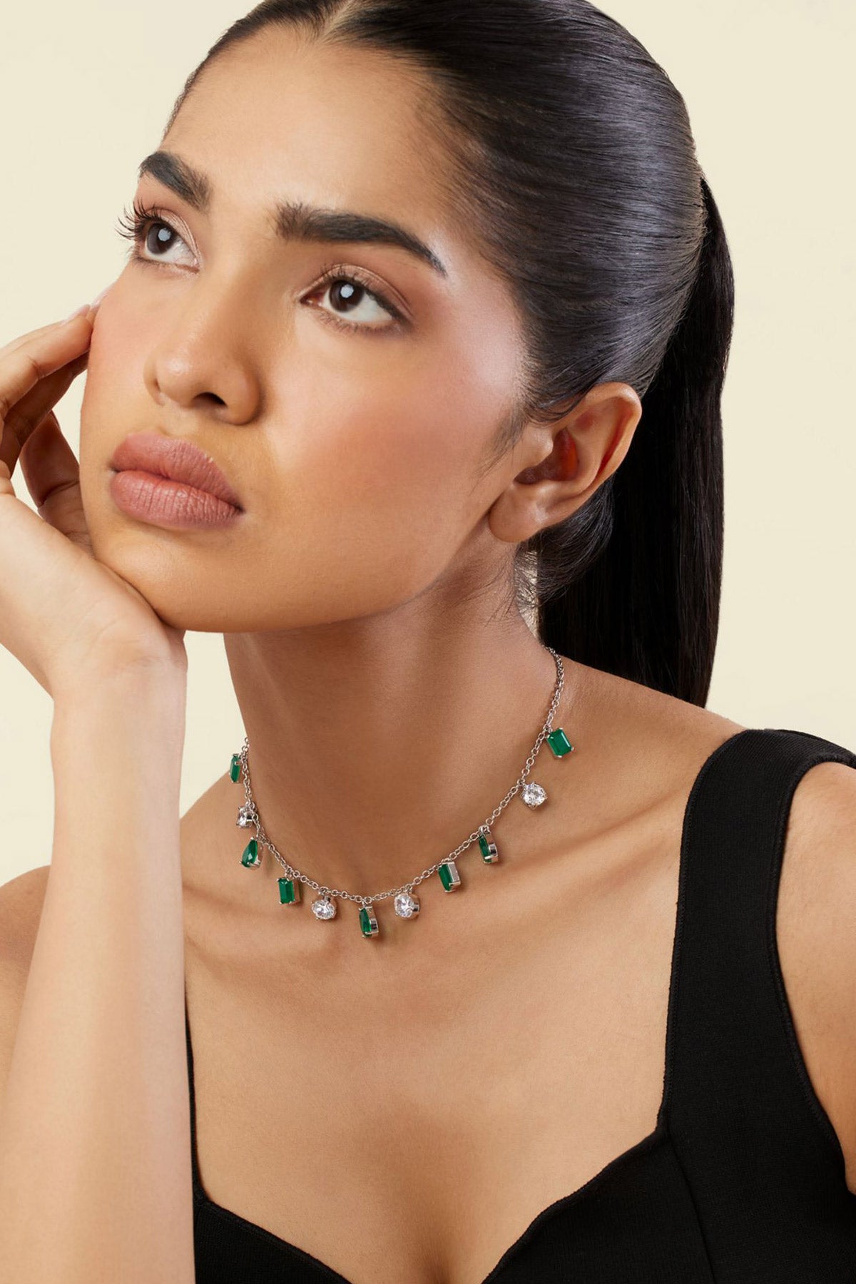 Isharya Eterna Emerald Charm Choker In Rhodium Plating indian designer wear online shopping melange singapore 