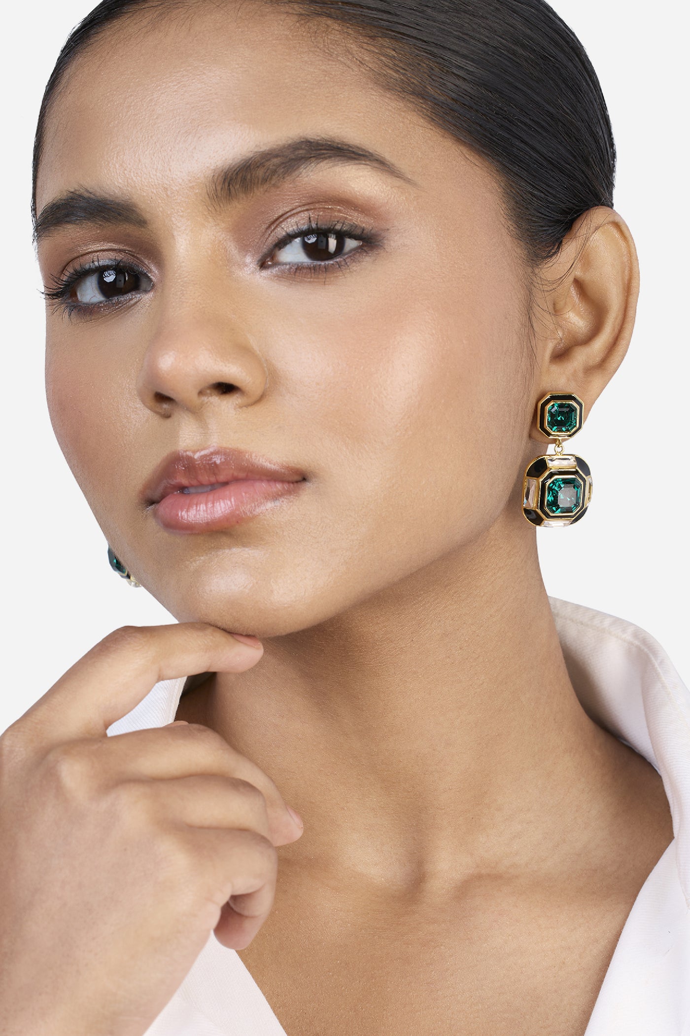 Isharya Jungle Green Deco Crystal Studs indian designer wear online shopping melange singapore