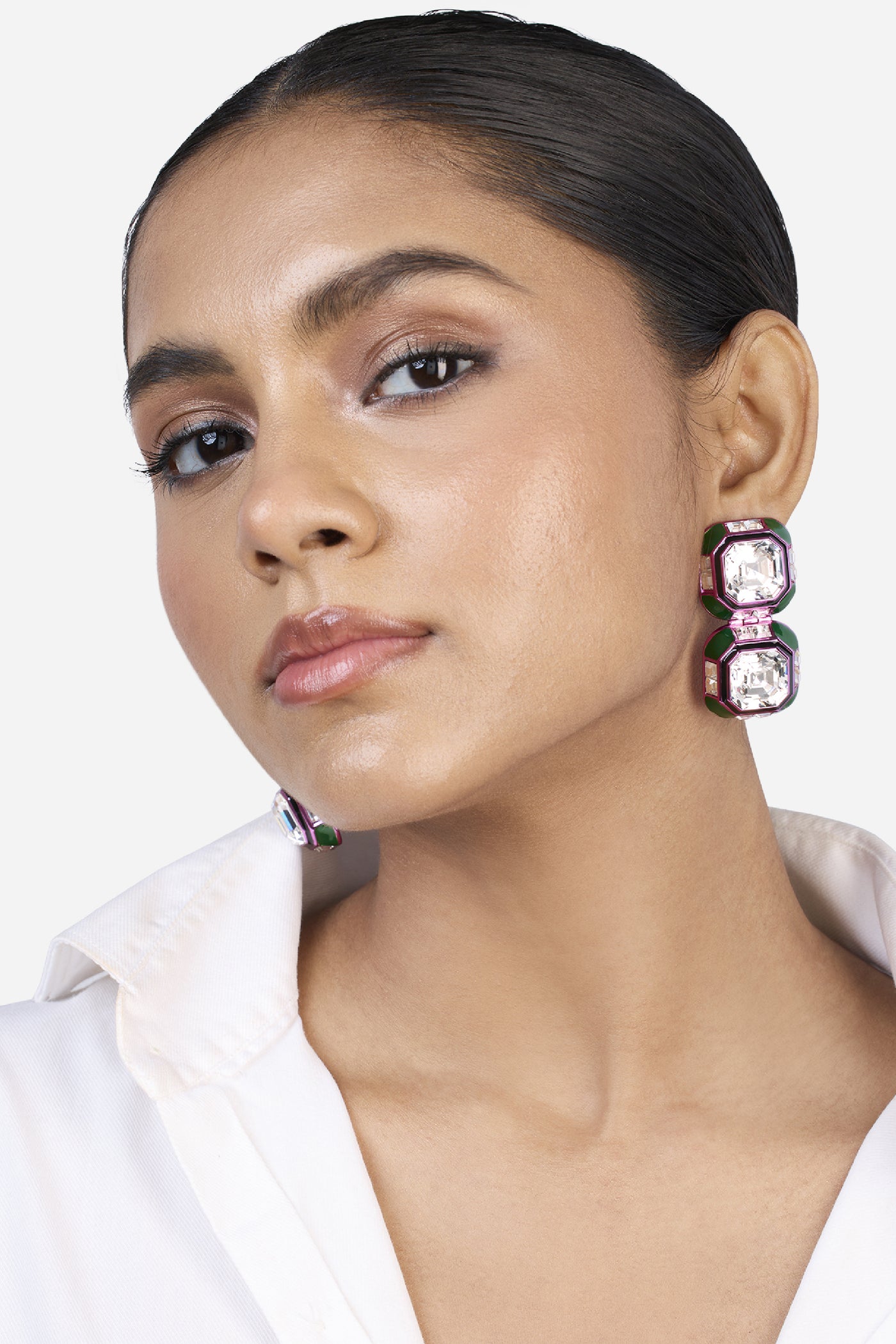 Isharya Jungle Green Oversized Double Crystal Studs indian designer wear online shopping melange singapore