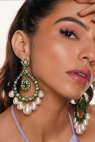 Isharya Parakeet Green Elongated Crystal Pearl Earrings In Colored Plating jewellery indian designer wear online shopping melange singapore