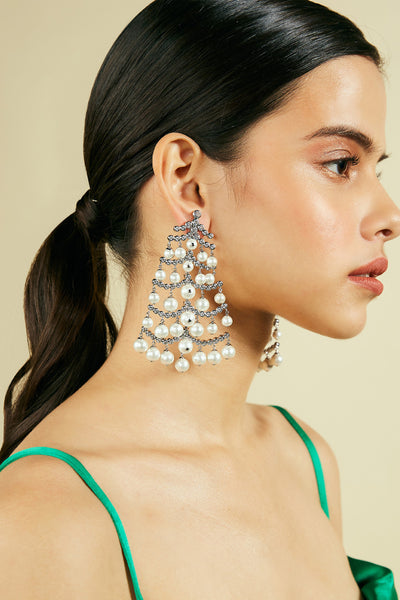 Isharya Pearl Crystal Waterfall Earrings Silver indian designer wear online shopping melange singapore