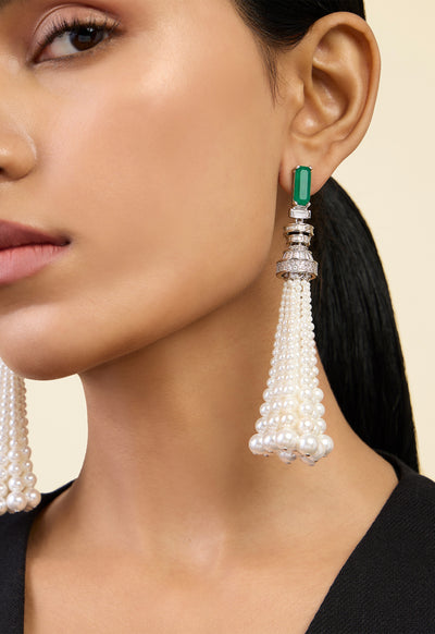 Isharya Pearls And Emeralds Tassel Earrings In Rhodium Plating indian designer wear online shopping melange singapore