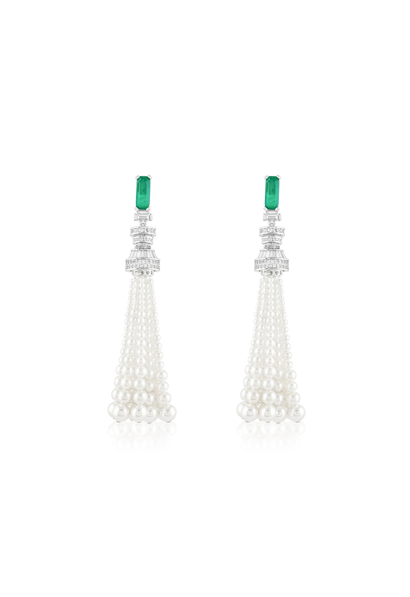 Isharya Pearls And Emeralds Tassel Earrings In Rhodium Plating indian designer wear online shopping melange singapore
