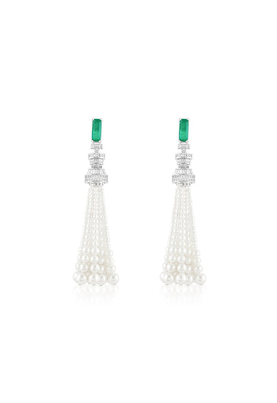 Isharya Pearls And Emeralds Tassel Earrings In Rhodium Plating indian designer wear online shopping melange singapore