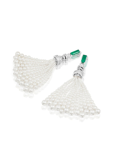 Isharya Pearls And Emeralds Tassel Earrings In Rhodium Plating indian designer wear online shopping melange singapore