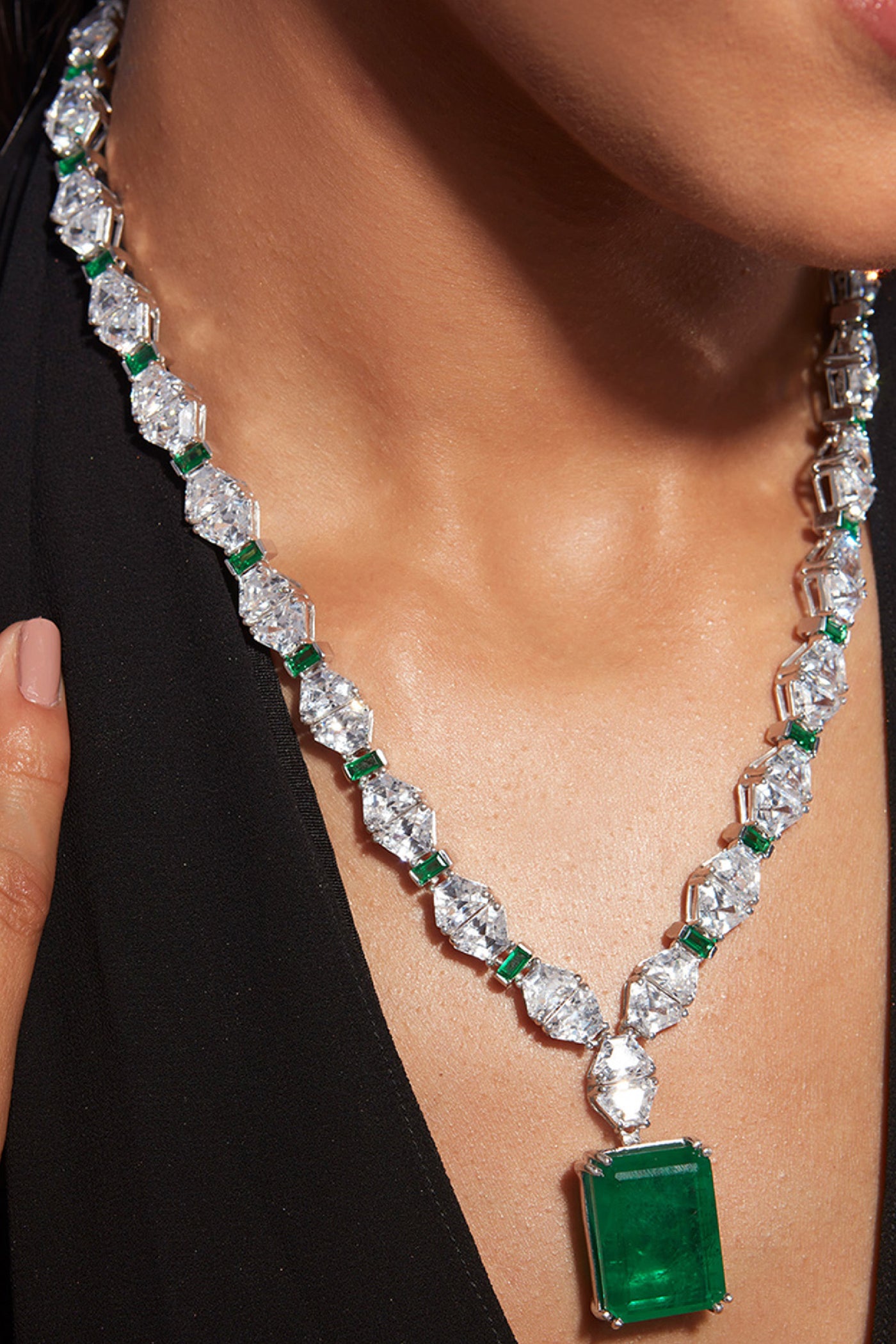 Isharya Provence 925 Silver Emerald Doublet Haar Maxi jewellery indian designer wear online shopping melange singapore