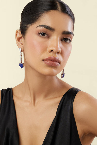 Isharya Sapphire Heart Luxe Danglers In Rhodium Plating indian designer wear online shopping melange singapore