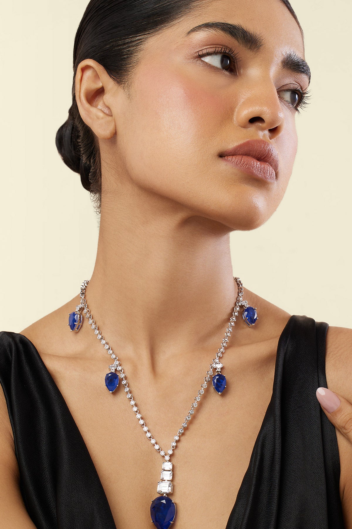 Isharya Sapphire Radiance Long Necklace In Rhodium Plating indian designer wear online shopping melange singapore 

