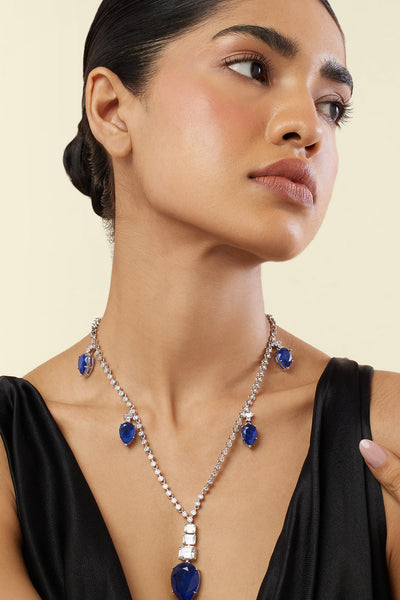 Isharya Sapphire Radiance Long Necklace In Rhodium Plating indian designer wear online shopping melange singapore 

