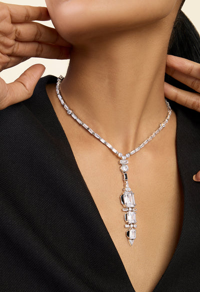 Isharya Three Tier Diamond Lariat In Rhodium Plating indian designer wear online shopping melange singapore