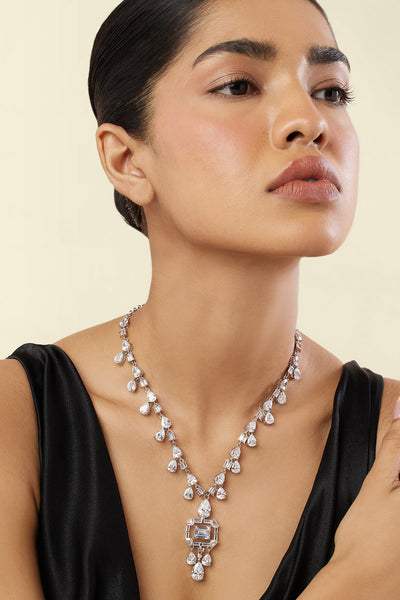 Isharya Timeless Elegance Long Necklace In Rhodium Plating indian designer wear online shopping melange singapore 