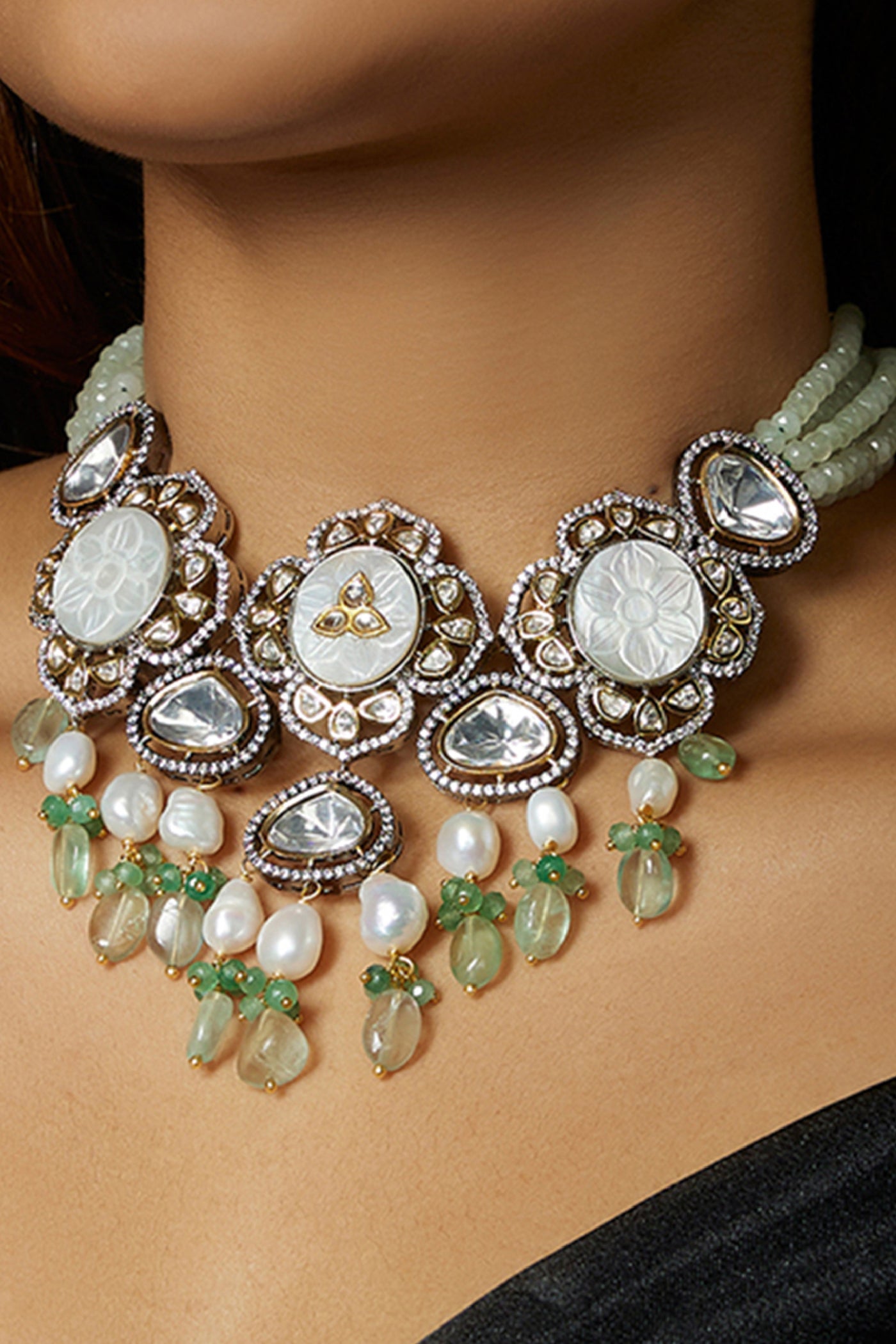 Joules by Radhika Antique White And Green Necklace jewellery indian designer wear online shopping melange singapore