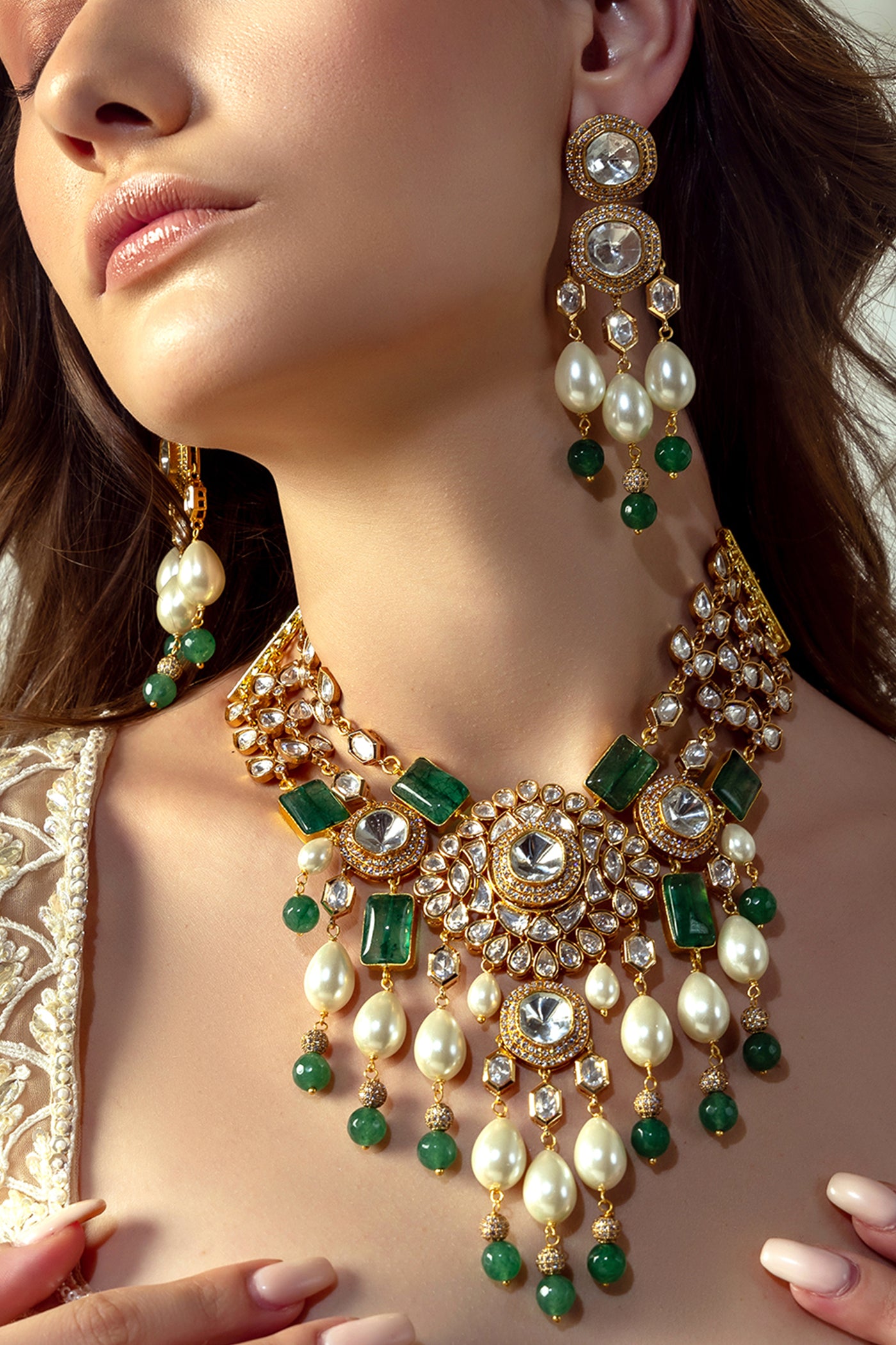 Joules by Radhika Bridal Necklace Set With Green Jades And Pearls jewellery indian designer wear online shopping melange singapore