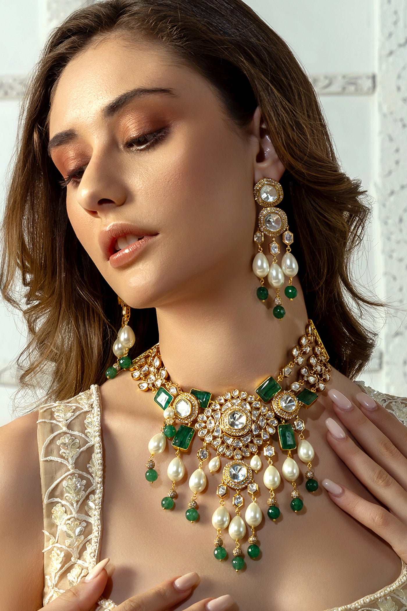 Joules by Radhika Bridal Necklace Set With Green Jades And Pearls jewellery indian designer wear online shopping melange singapore