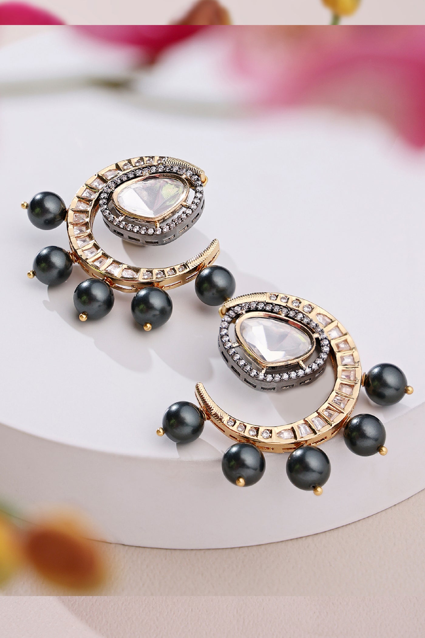 Joules by Radhika Classic Kundan Polki Grey Pearl Earrings indian designer wear online shopping melange singapore