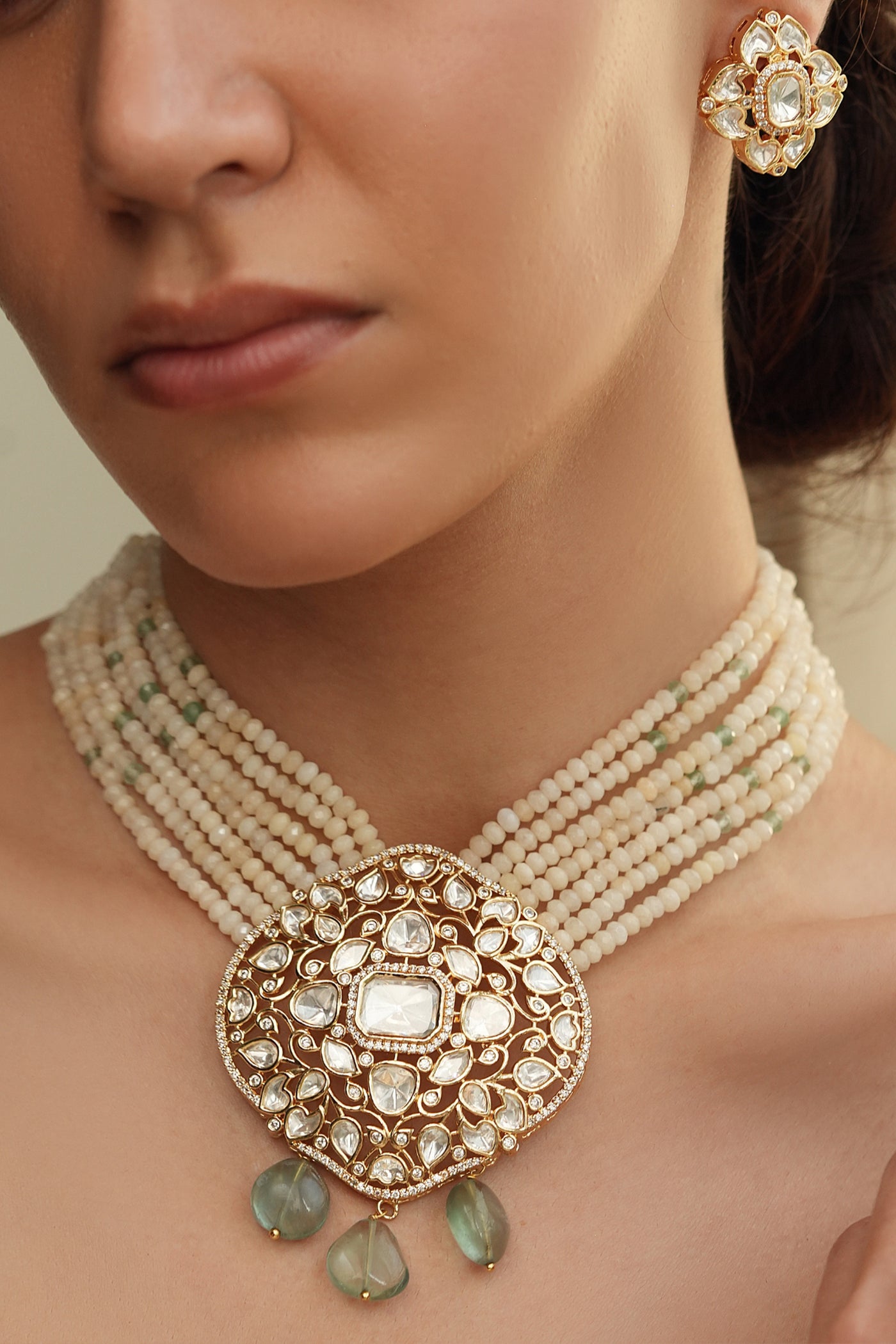 Joules by Radhika Cream Polki Bead Necklace Set indian designer wear online shopping melange singapore