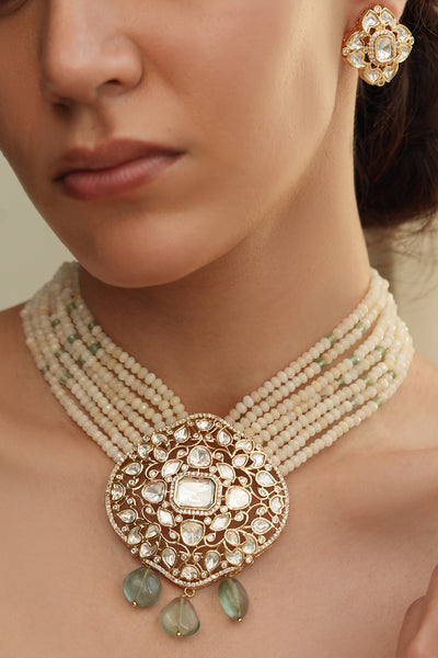 Joules by Radhika Cream Polki Bead Necklace Set indian designer wear online shopping melange singapore