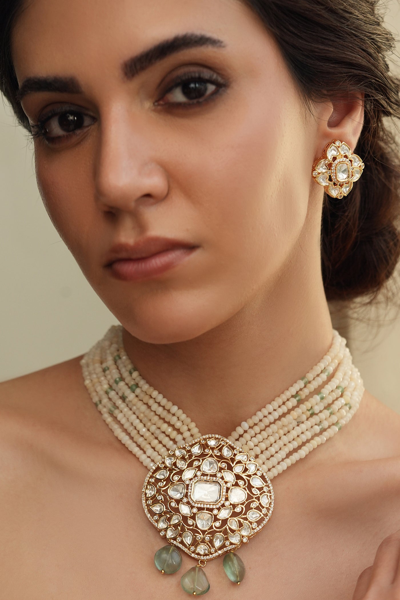 Joules by Radhika Cream Polki Bead Necklace Set indian designer wear online shopping melange singapore
