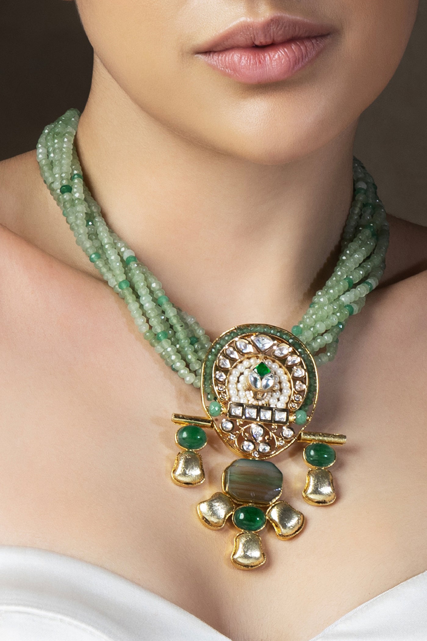 Joules by Radhika Gold Tone And Green Bespoke Twisted Necklace jewellery indian designer wear online shopping melange singapore