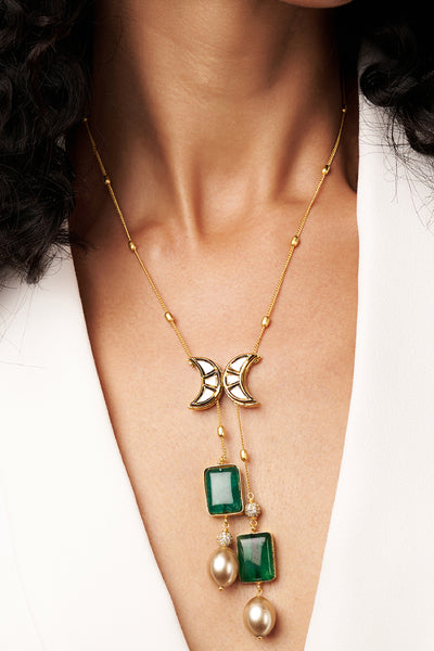 Joules by Radhika Gold & Green Petite Lariat Necklace jewellery indian designer wear online shopping melange singapore