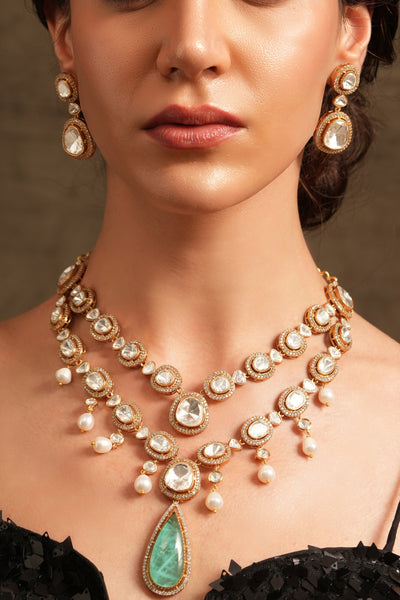 Joules by Radhika Green Cascade Polki Necklace Set indian designer wear online shopping melange singapore
