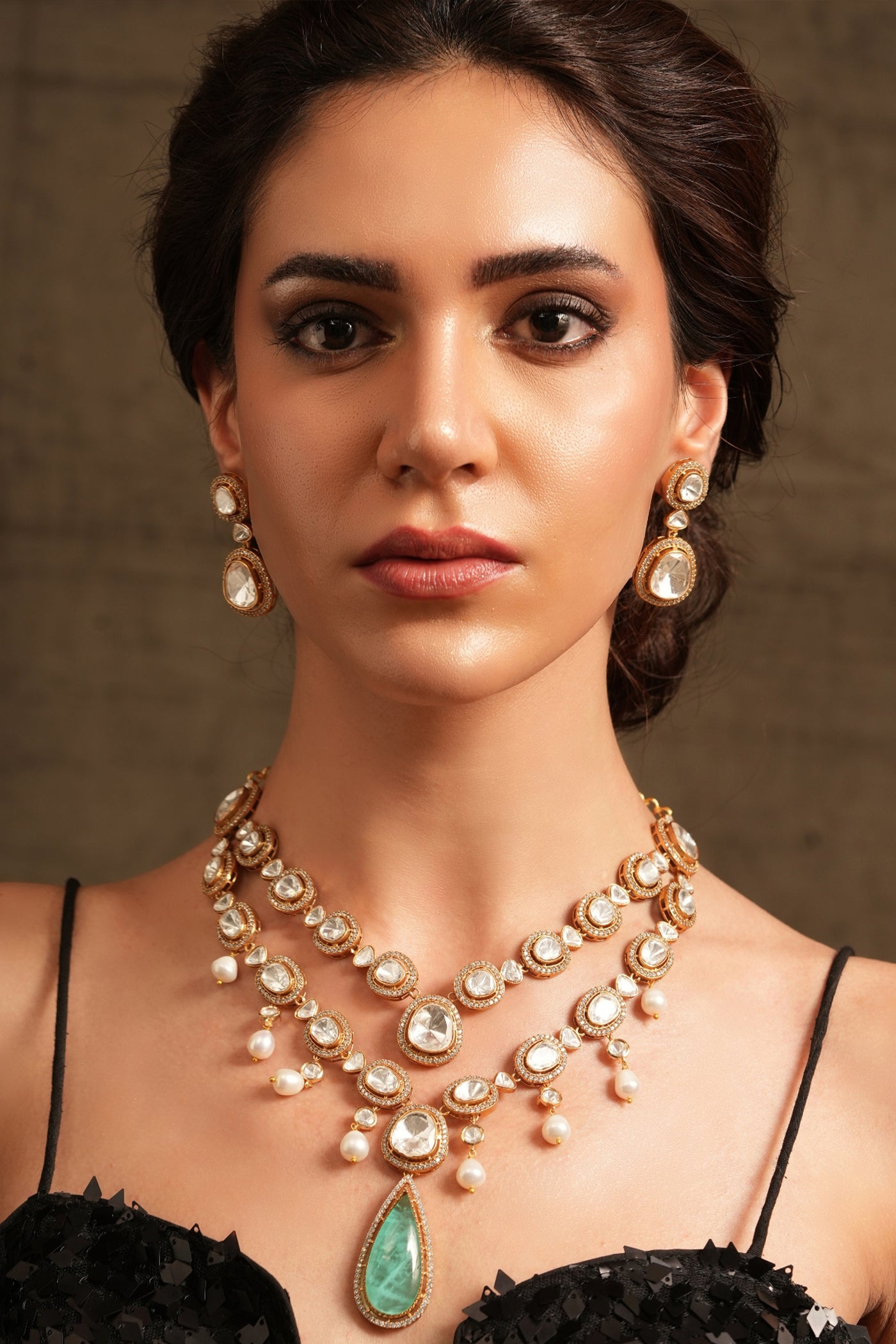 Joules by Radhika Green Cascade Polki Necklace Set indian designer wear online shopping melange singapore
