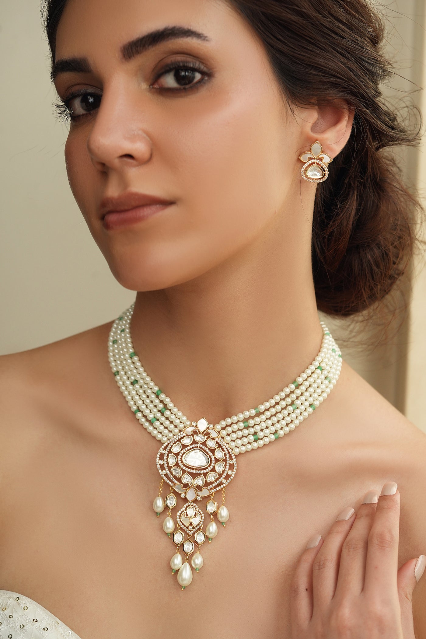 Joules by Radhika Ivory Polki Beads Necklace Set indian designer wear online shopping melange singapore
