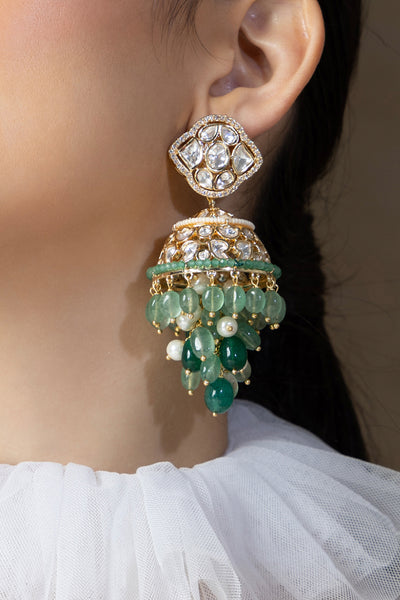 Joules by Radhika Polki And Green Beads Jhumka Earrings indian designer wear online shopping melange singapore