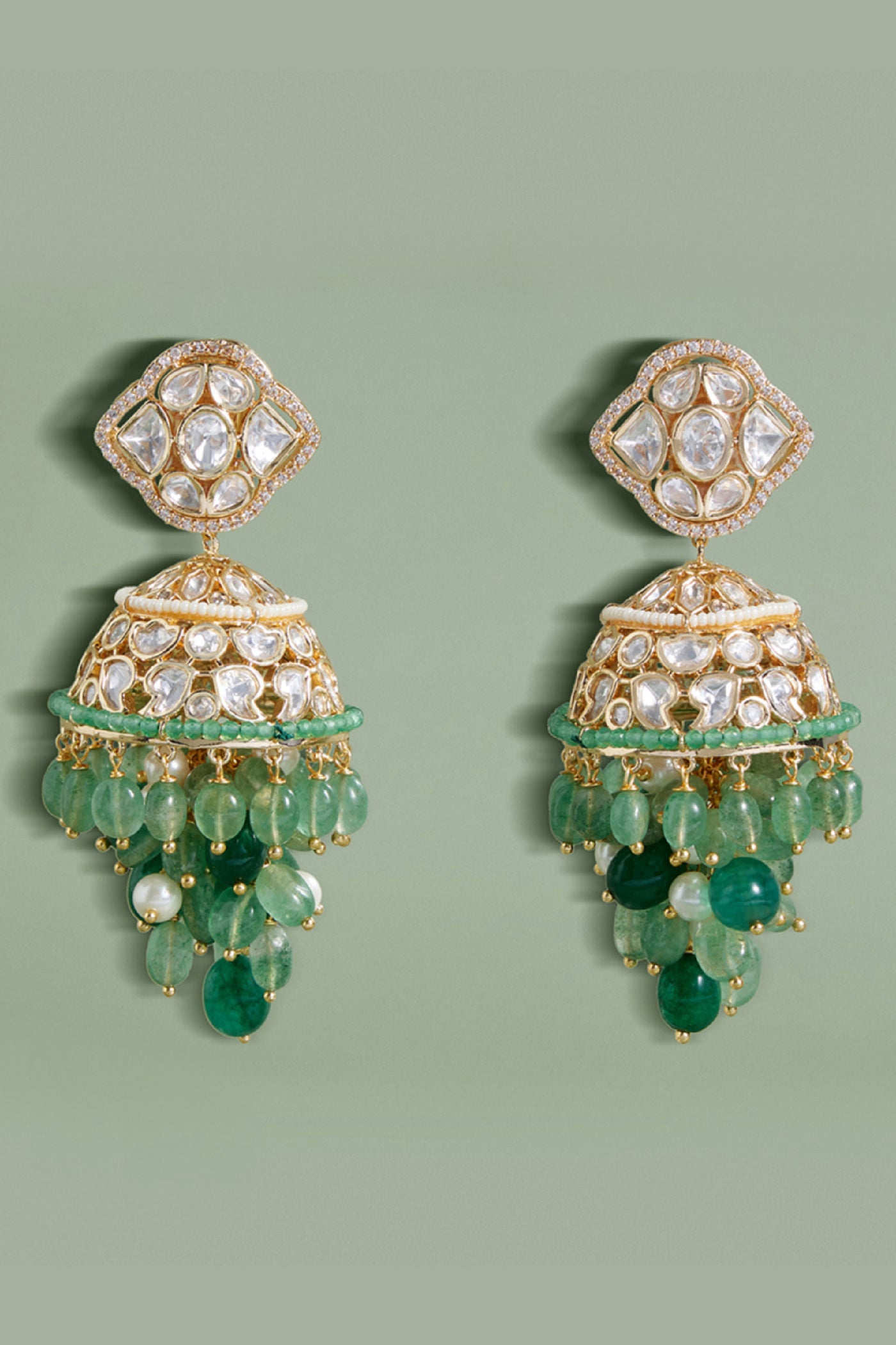 Joules by Radhika Polki And Green Beads Jhumka Earrings indian designer wear online shopping melange singapore