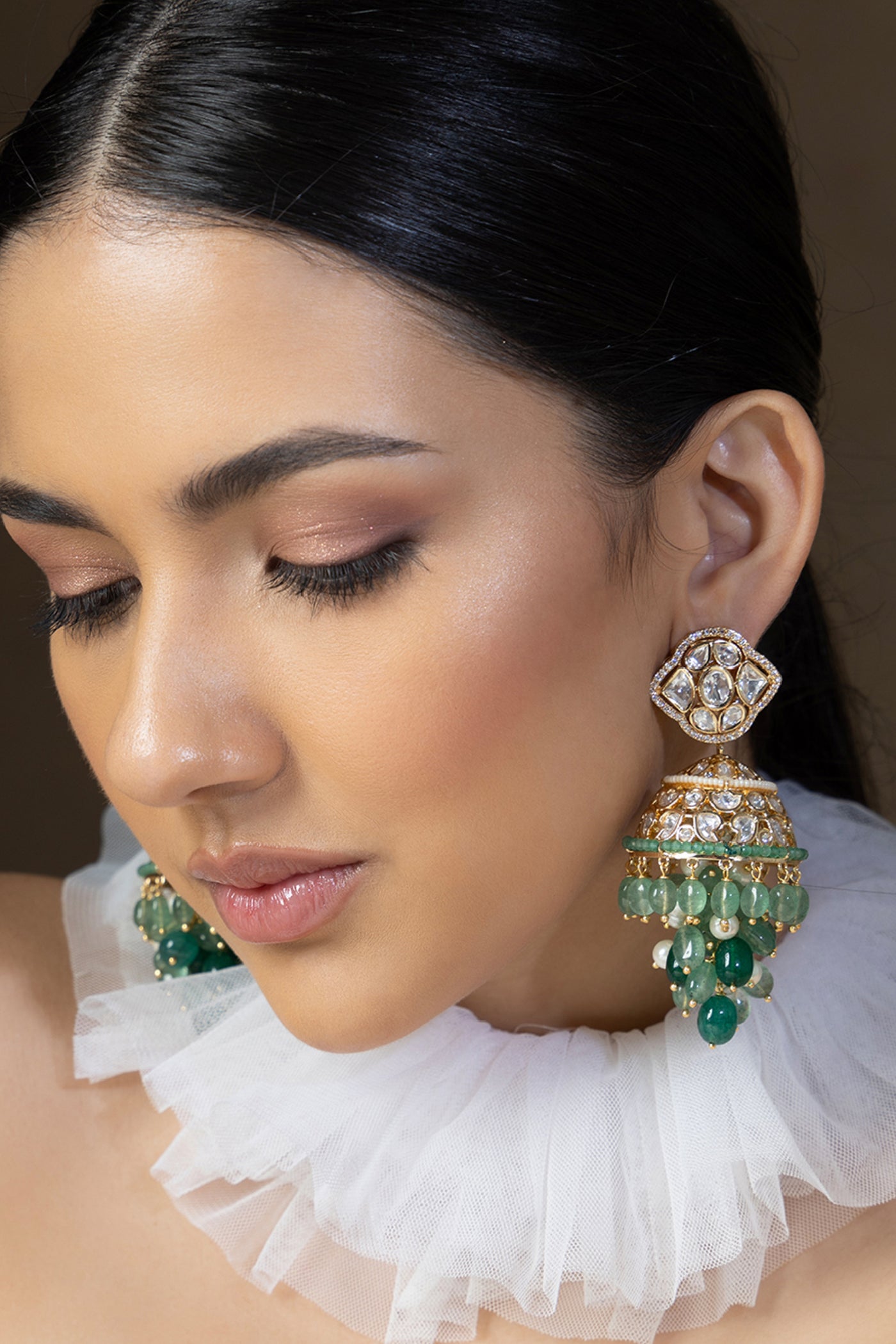 Joules by Radhika Polki And Green Beads Jhumka Earrings indian designer wear online shopping melange singapore