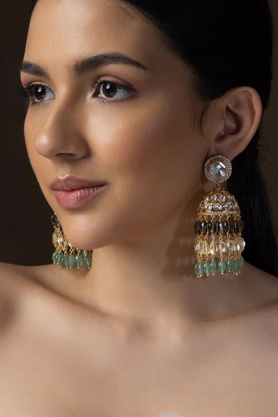 Joules by Radhika Polki Jhumka Earrings With Jade Tumbles indian designer wear online shopping melange singapore