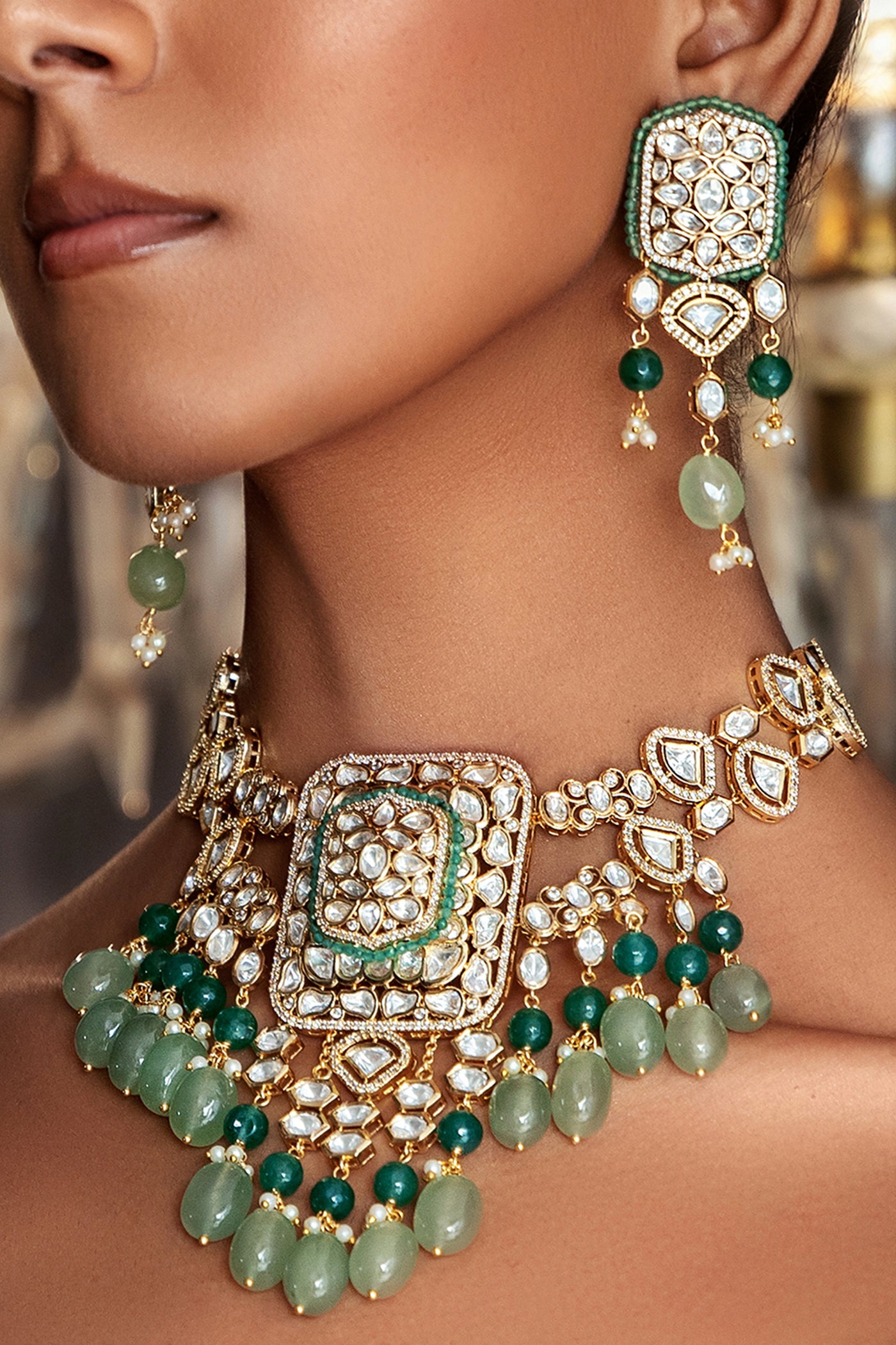 Joules by Radhika Polki And Green Jade Tumbles Bridal Necklace Set jewellery indian designer wear online shopping melange singapore