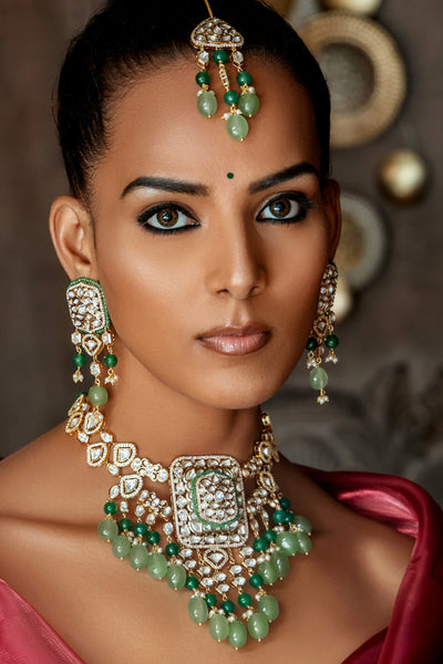 Joules by Radhika Polki And Green Jade Tumbles Bridal Necklace Set jewellery indian designer wear online shopping melange singapore