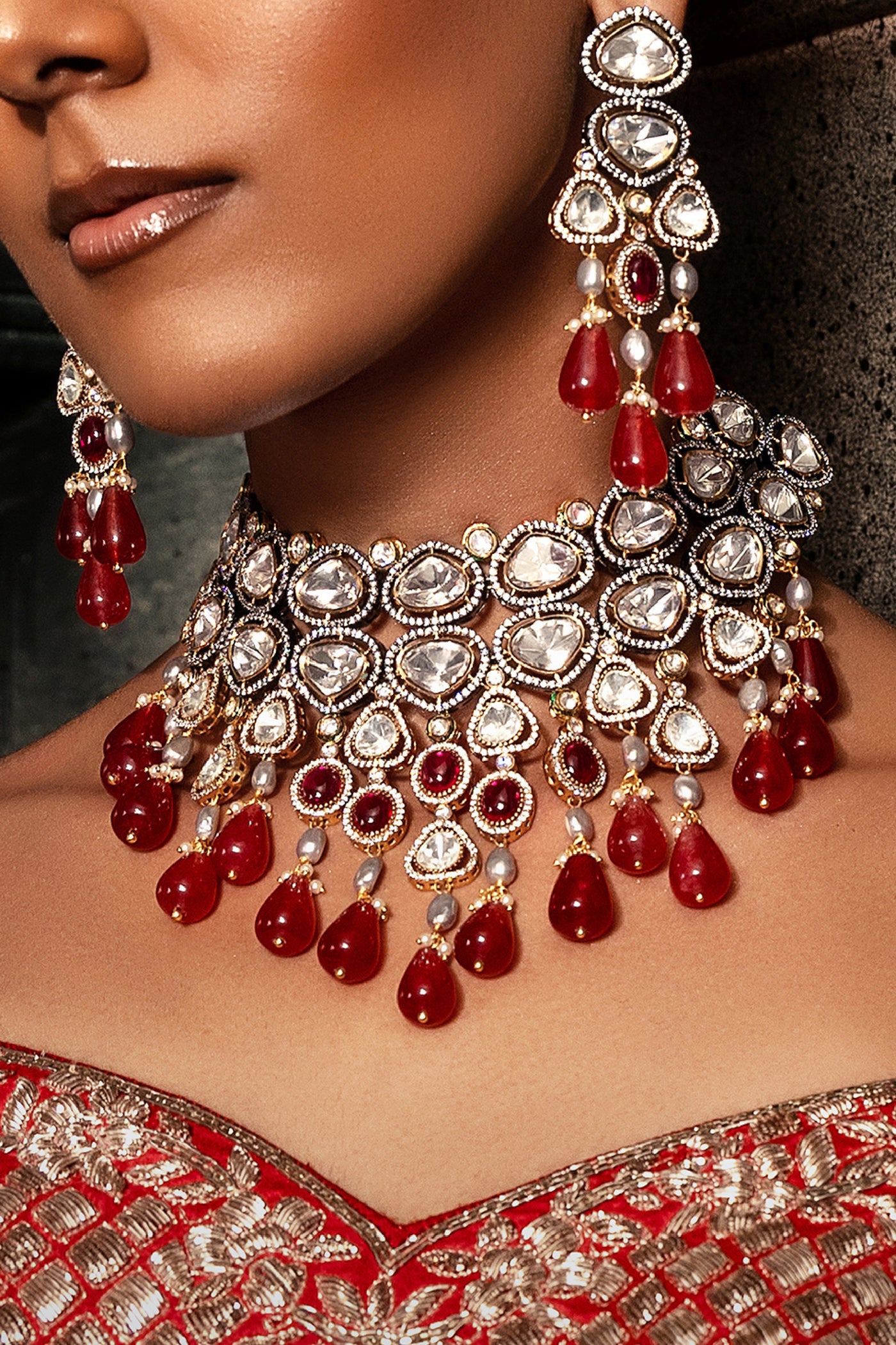 Joules by Radhika Red Polki Bridal Choker Set indian designer wear online shopping melange singapore