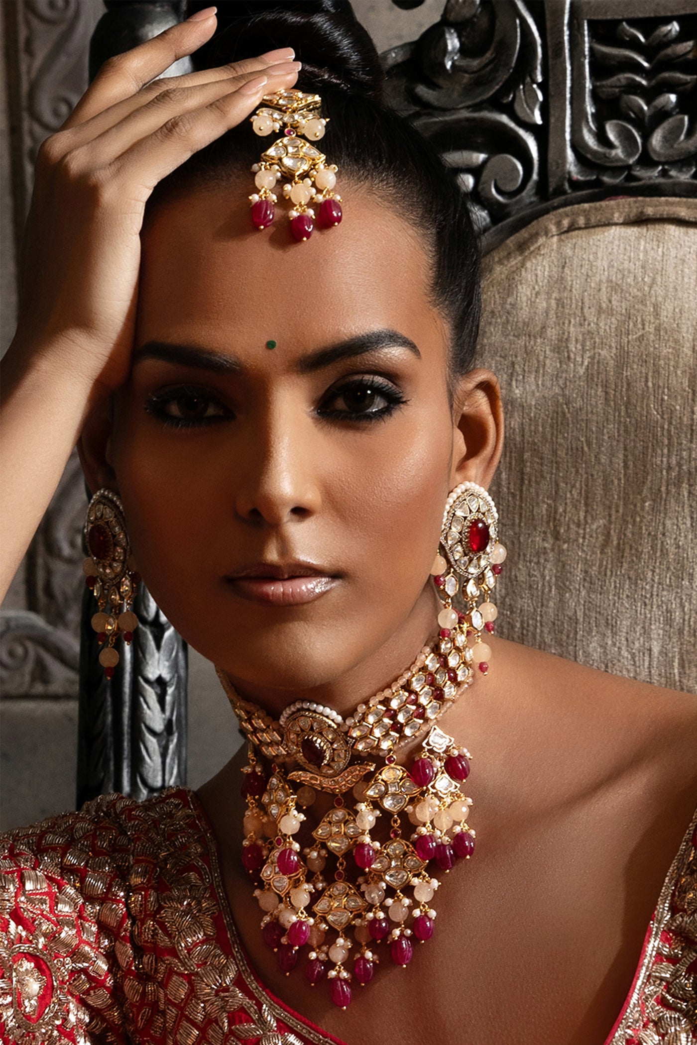 Joules by Radhika Red Polki Bridal Choker Set jewellery indian designer wear online shopping melange singapore