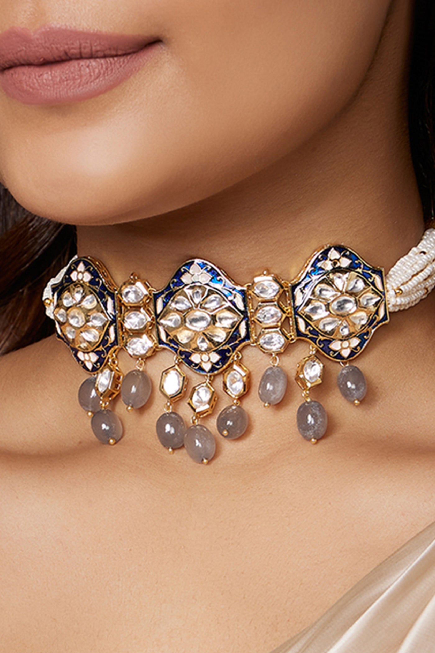 Joules by Radhika Royal Blue With Pearl Polki Necklace jewellery indian designer wear online shopping melange singapore