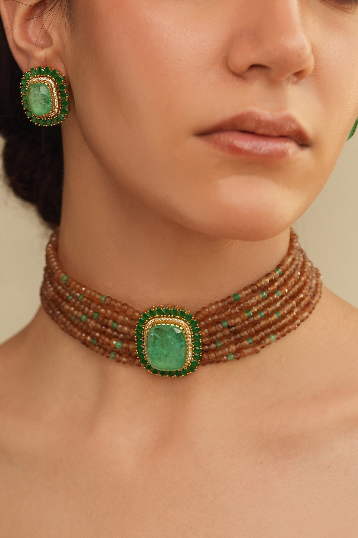Joules by Radhika Rust And Green Collar Choker Set indian designer wear online shopping melange singapore