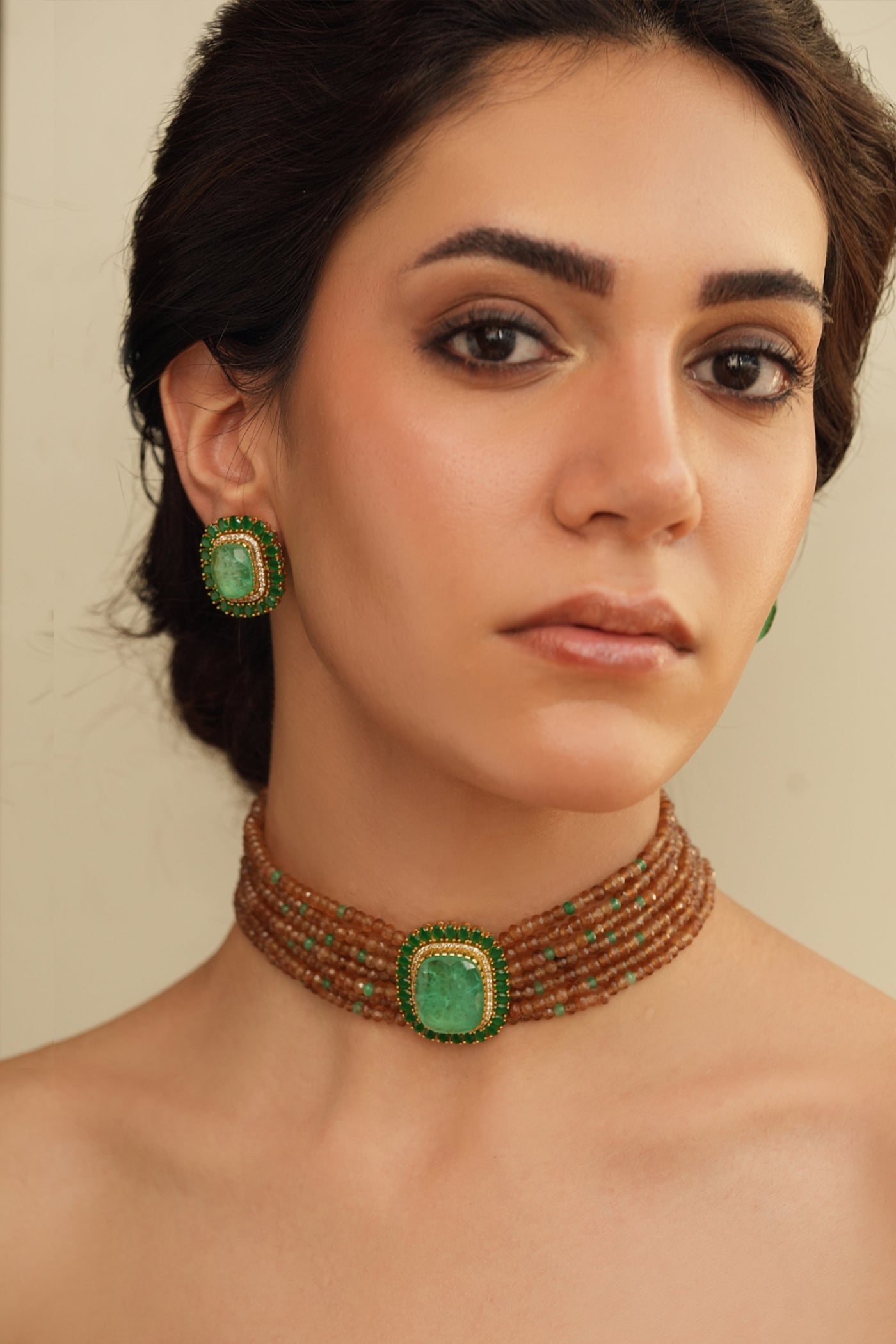 Joules by Radhika Rust And Green Collar Choker Set indian designer wear online shopping melange singapore