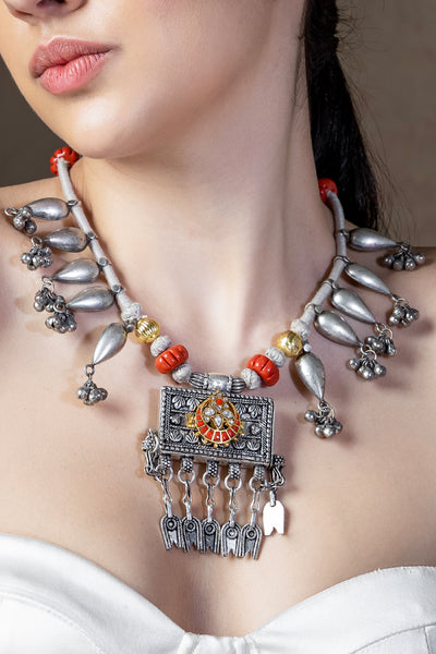 Joules by Radhika Silver Tone Bespoke Bohemian Necklace Grey indian designer wear online shopping melange singapore